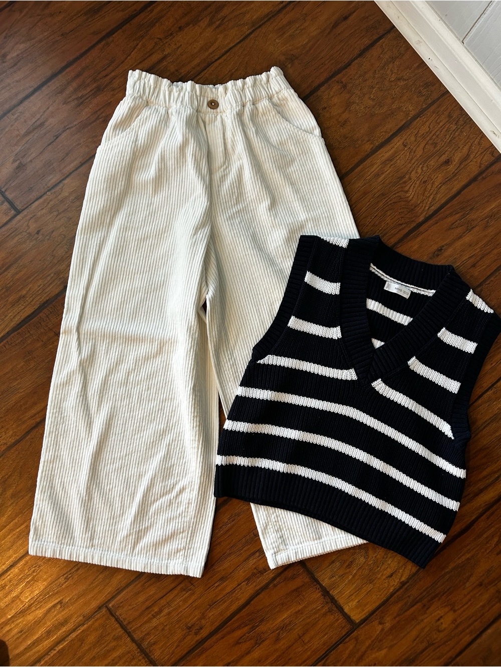 MANGO Striped Knit Vest and Ivory Wide-Leg Pants Set